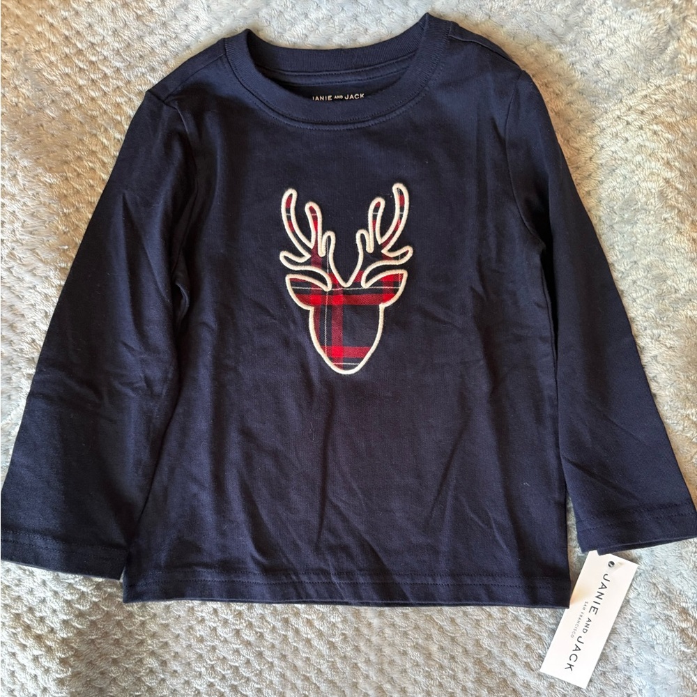 Janie and Jack Navy Long Sleeve with Red Plaid Deer
